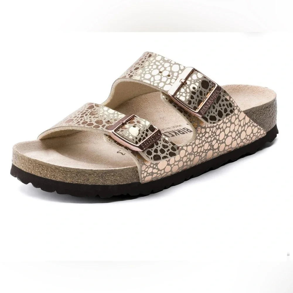 Birkenstock Arizona Sz 5(36) RoseGold Metallic Stone Two-Strap Buckle Sandals - Picture 7 of 8